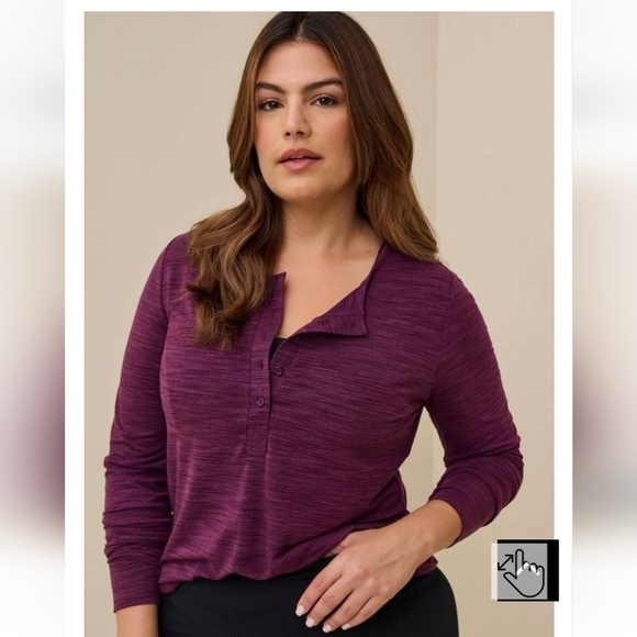 torrid Tops - New Torrid Happy Camper Lyocell Henley Long Sleeve Active Tee, purple Sz L 0x